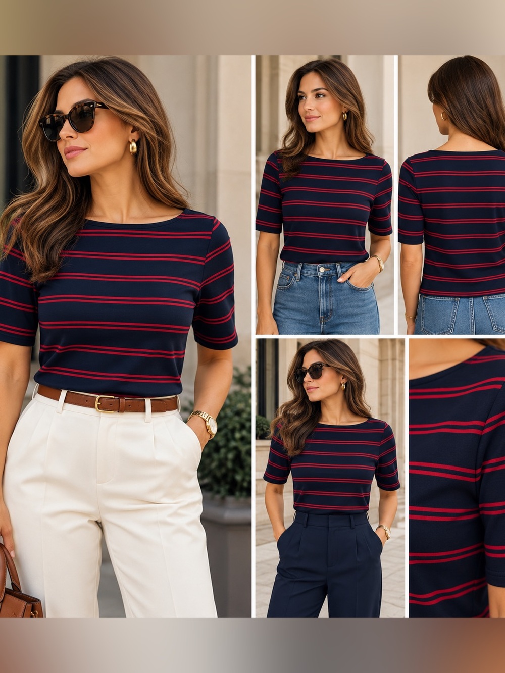 Lauren Ralph Lauren Navy Red Striped Boatneck Cotton Top Size L